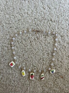 Gold Beaded Necklace with Fruit Charms - White Beads
